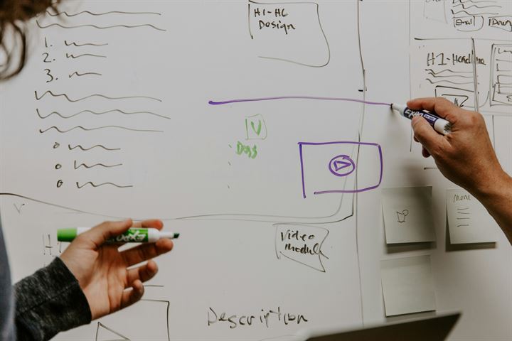 Two people sketching a website page layout on a whiteboard, marking up headings, a video module and description sections