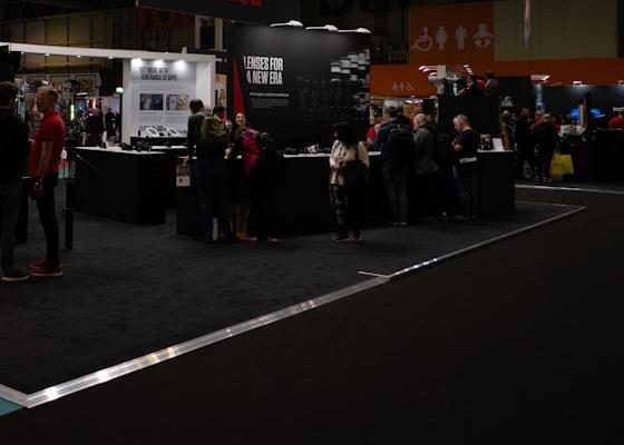 Exhibition stands and visitors at a trade show