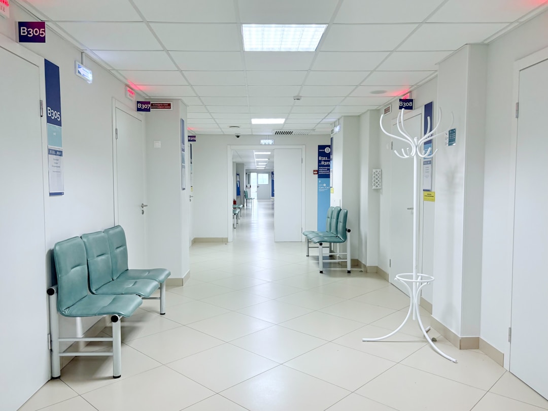 Modern clinic corridor with waiting seats