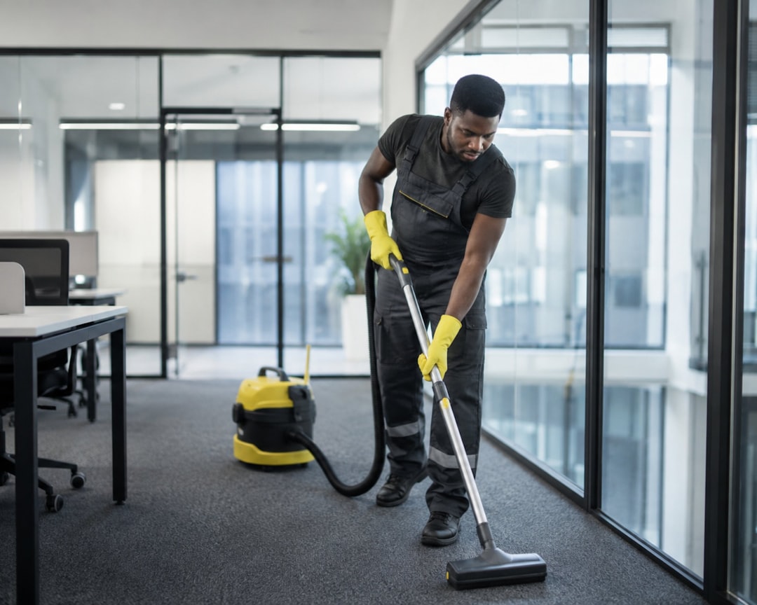 Commercial cleaner vacuuming a glass-walled office
