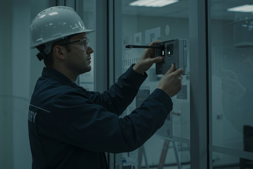 Maintenance engineer in workwear and hard hat servicing a wall-mounted control panel in a commercial building