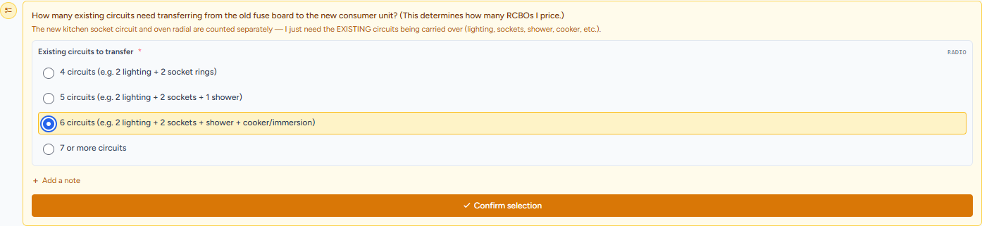 Tibr asking an electrician how many existing circuits need transferring from the old fuse board to the new consumer unit, with selectable options